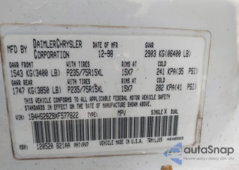 1999 Dodge Durango z USA, uszkodzony, nr VIN 1B4HS28Z9XF577822